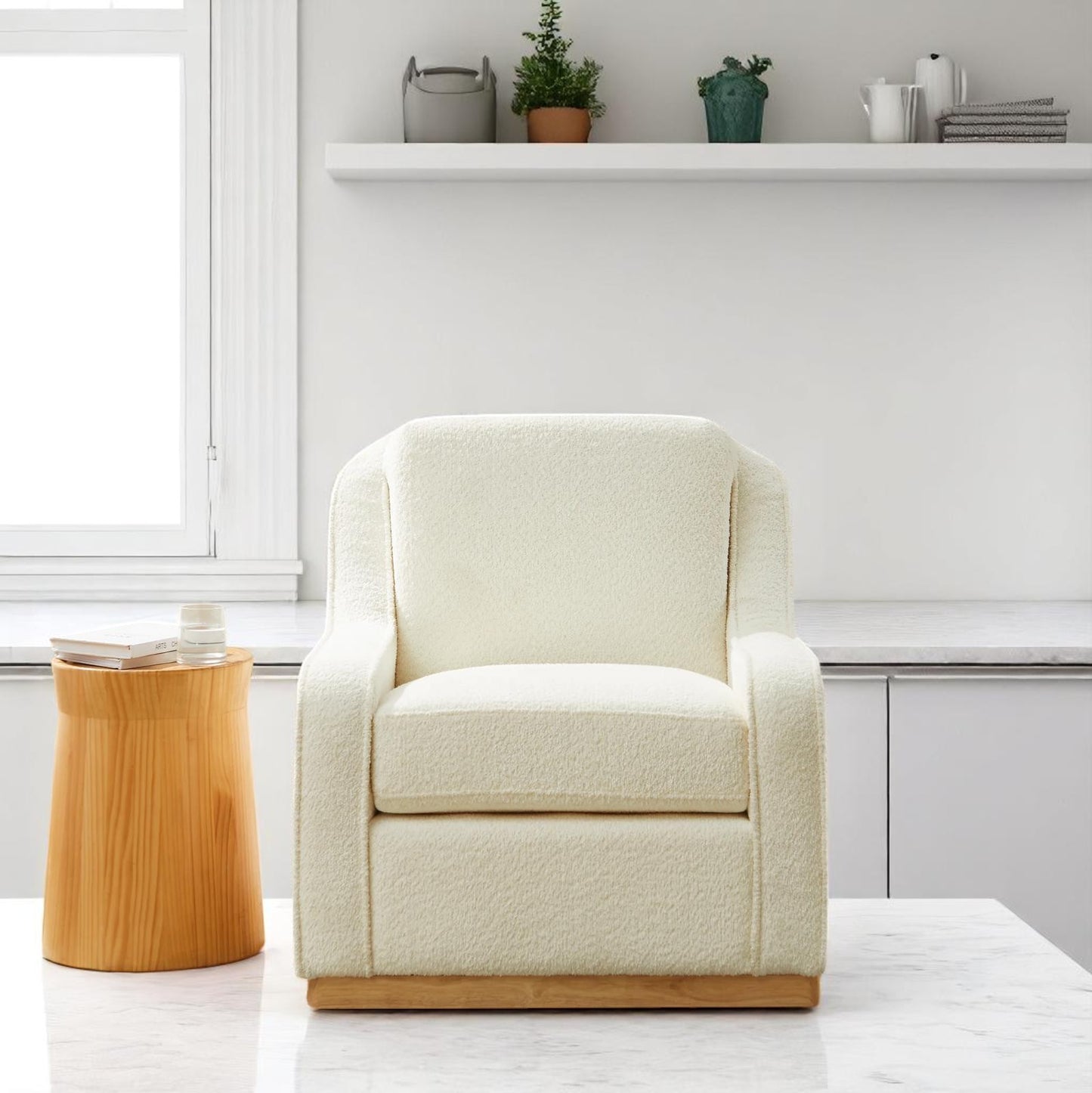 Modern Cream Bouclé Swivel Chair – Brand New in Box